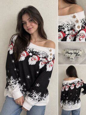 Pretty Girl XXL Santa Christmas Tunic Sweatshirt Holiday  Off Shoulder Top.  (G)